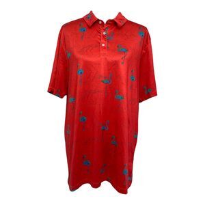 Yatta Golf Polo Shirt Mens Large Red Blue Flamingo Print Short Sleeve Athletic